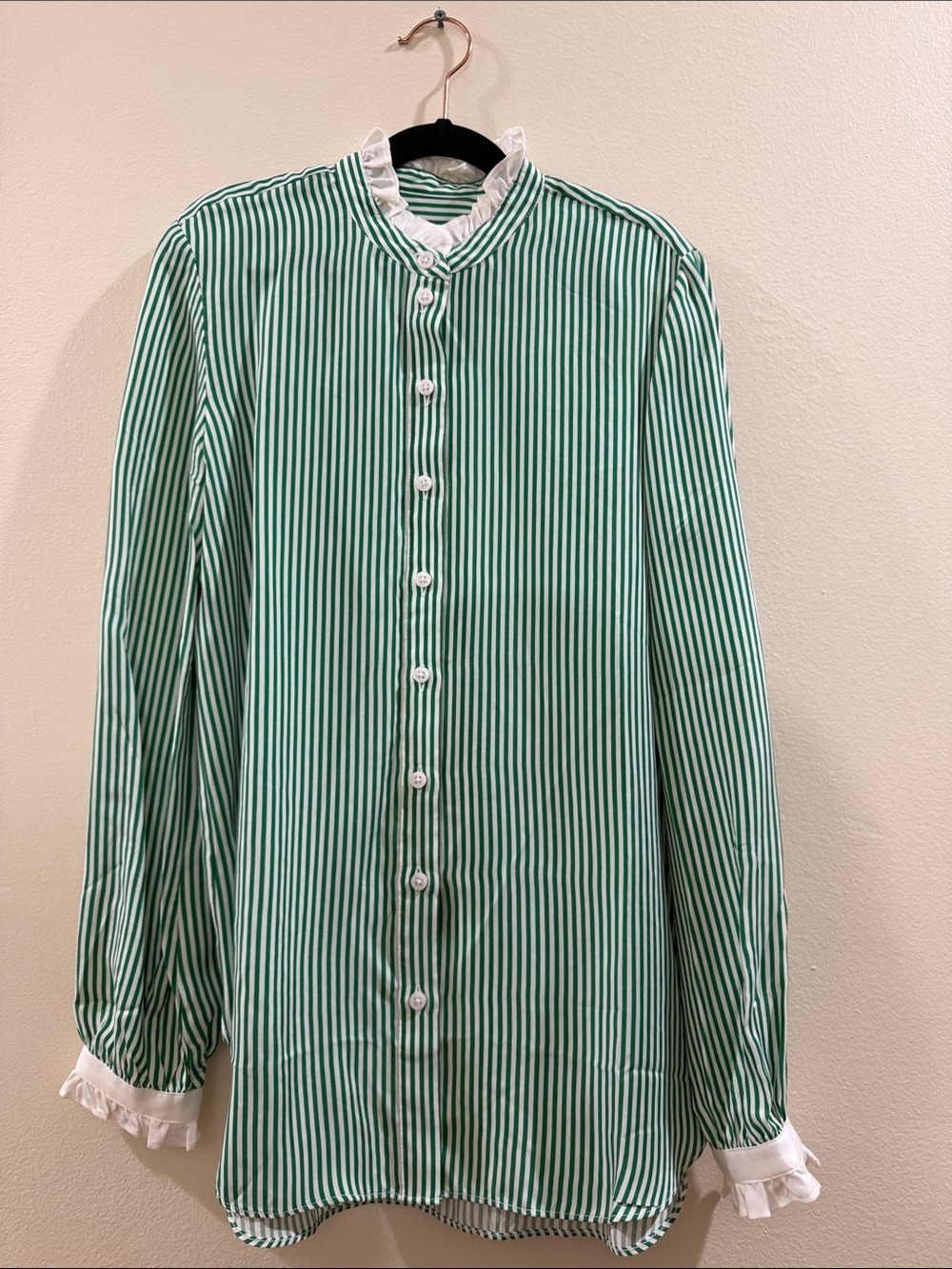 J. Crew Green and White Striped Ruffle Collar Blouse